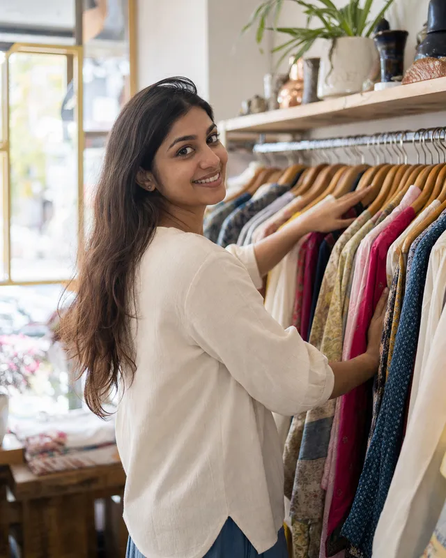 A boutique owner arranging clothes