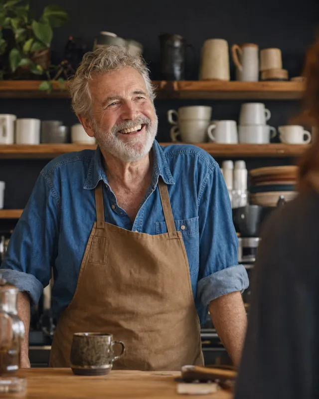 A café owner behind his counter