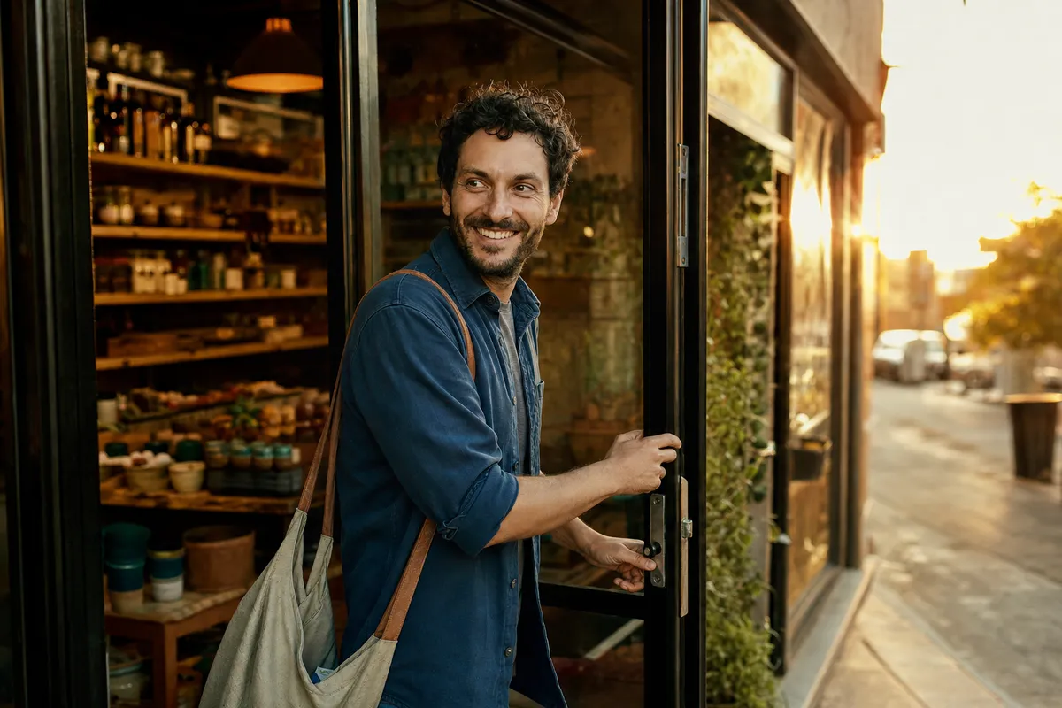 A shop owner locking up at sunset and heading home