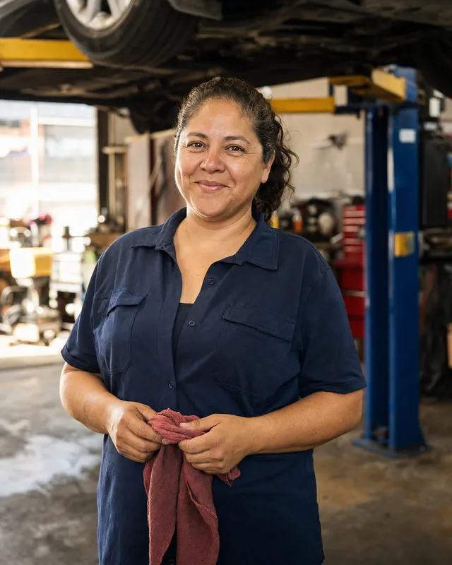An auto repair shop owner in her garage
