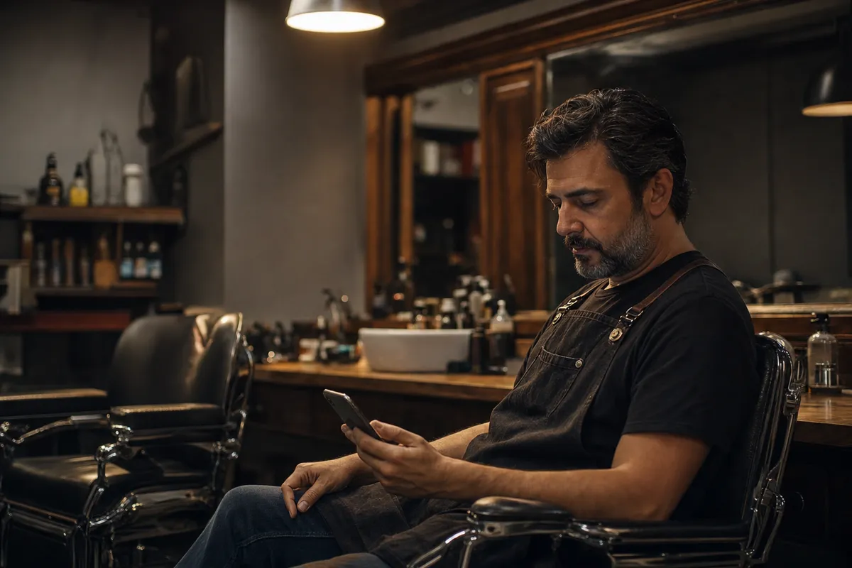 A barbershop owner alone after closing, looking at his phone