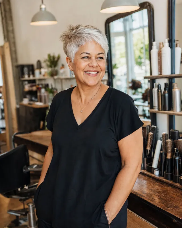 A salon owner at her styling station